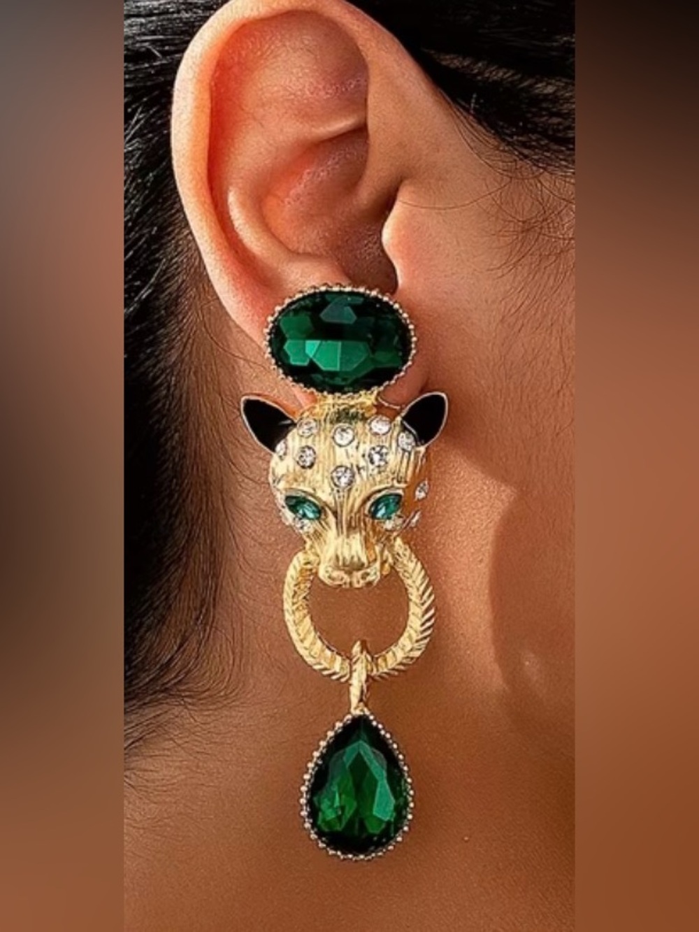 Gold Leopard Hoop Drop Earrings with Emerald Green Crystals - Women Jewelry